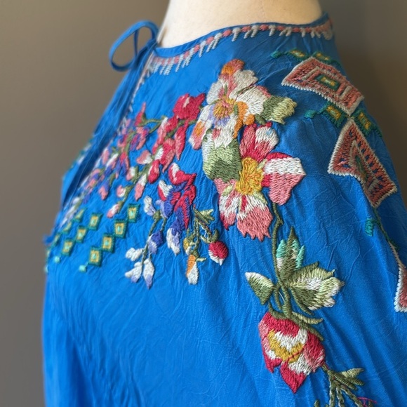 Johnny Was Sheer Blue Floral Embroidered Tie Front Tunic Top - Picture 8 of 14